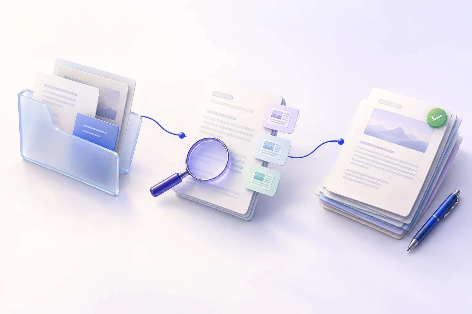Company documents flow through evidence review into a report for human approval